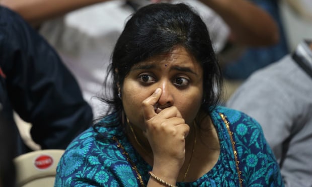 An ISRO employee reacts after the communication and data were lost from the Vikram Lander. Photograph: Jagadeesh Nv/EPA
